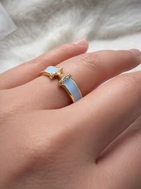 Hermes Gold and Light Blue Enamel Cross Accent Ring - Women Jewelry
